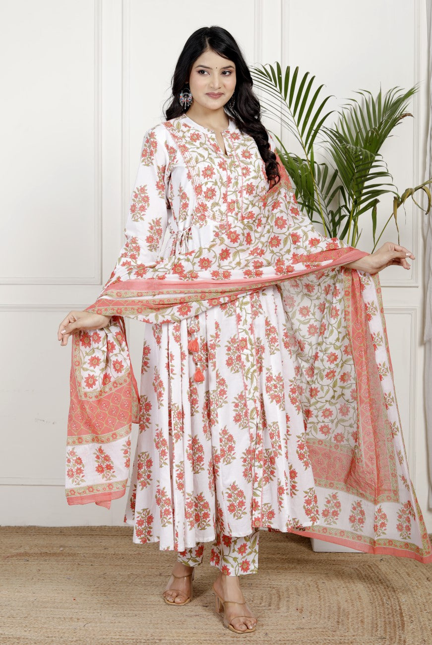 White Cotton Anarkali Kurta Pant Set with Dupatta-800140