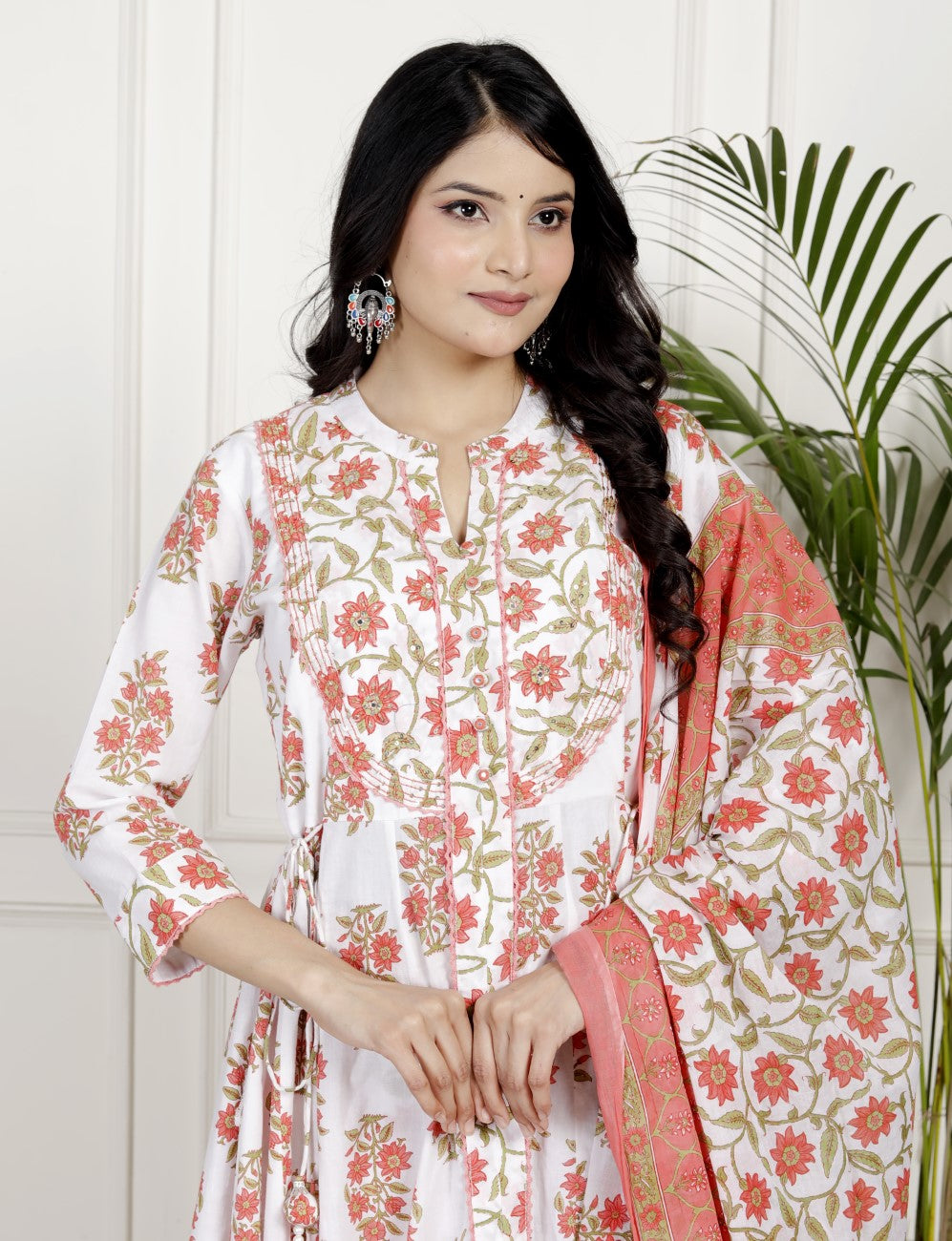 White Cotton Anarkali Kurta Pant Set with Dupatta-800140