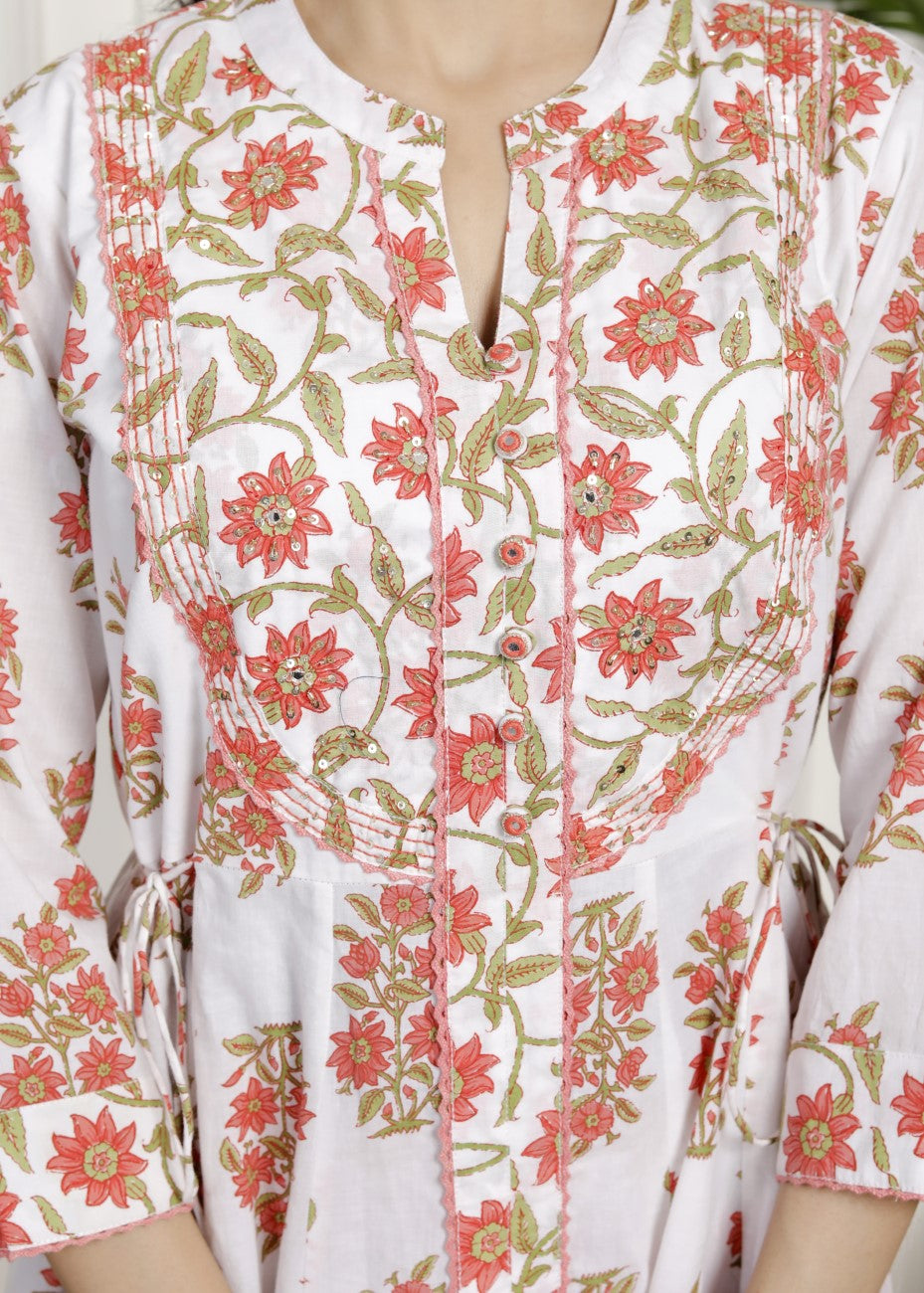 White Cotton Anarkali Kurta Pant Set with Dupatta-800140