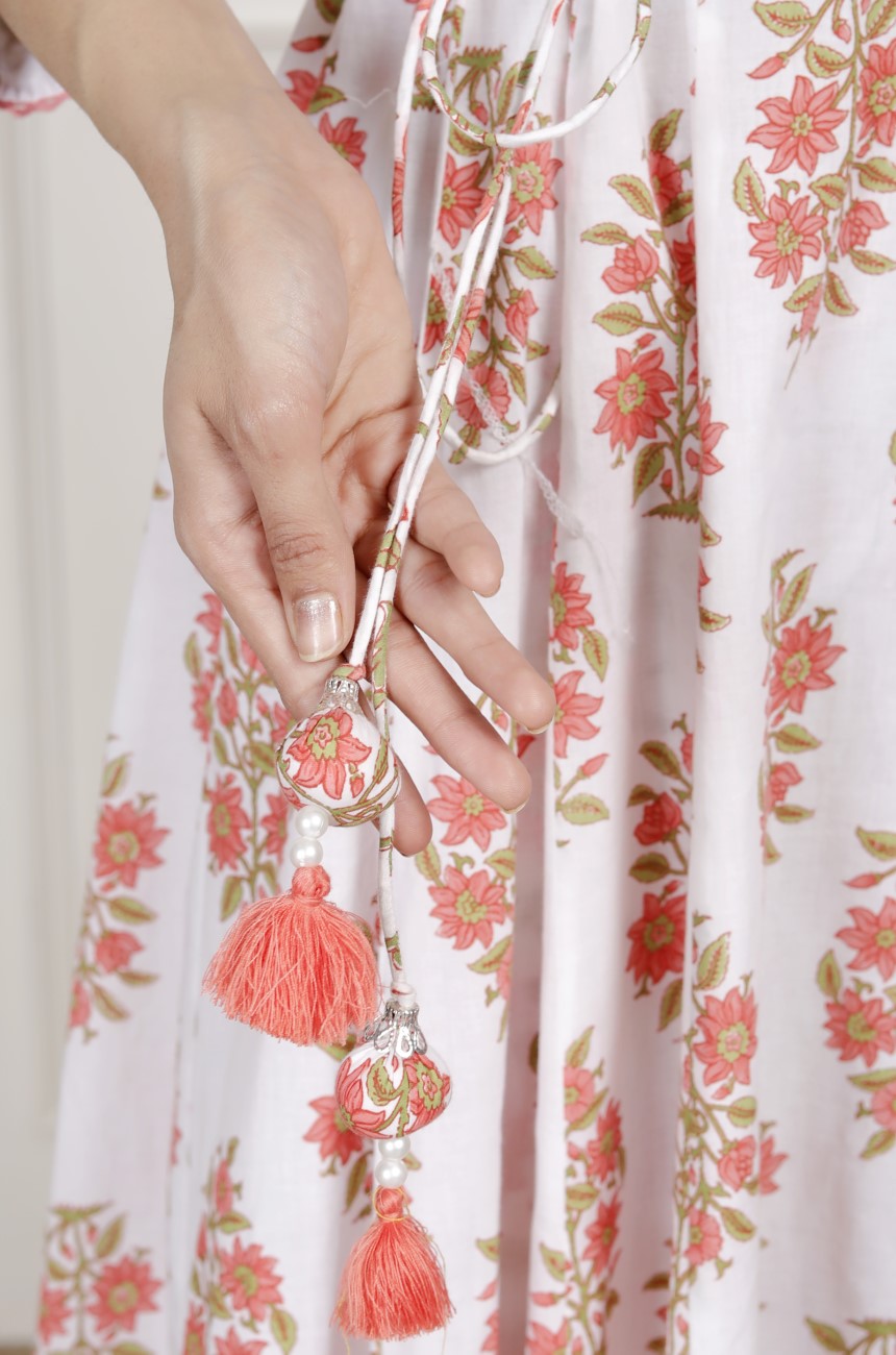 White Cotton Anarkali Kurta Pant Set with Dupatta-800140