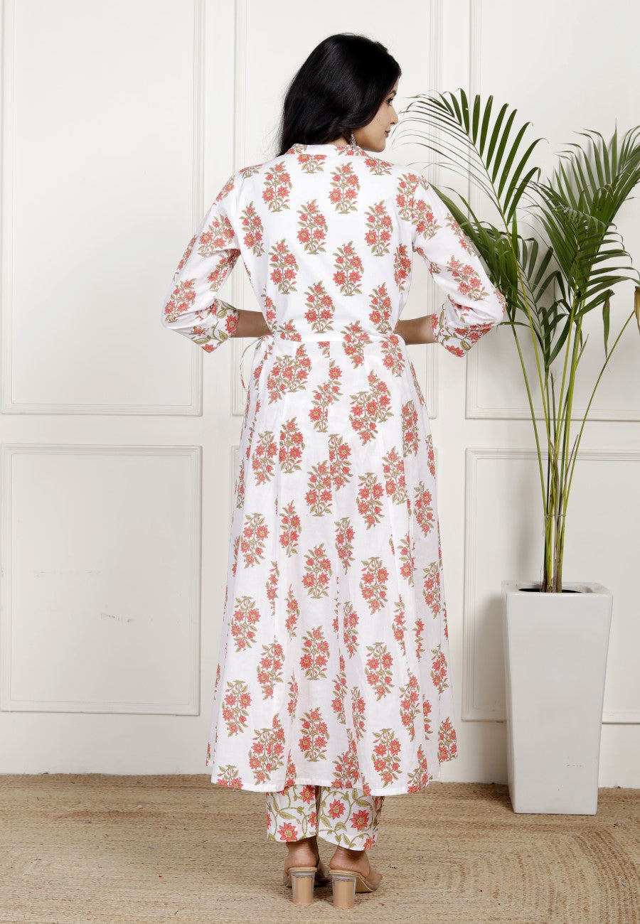 White Cotton Anarkali Kurta Pant Set with Dupatta-800140