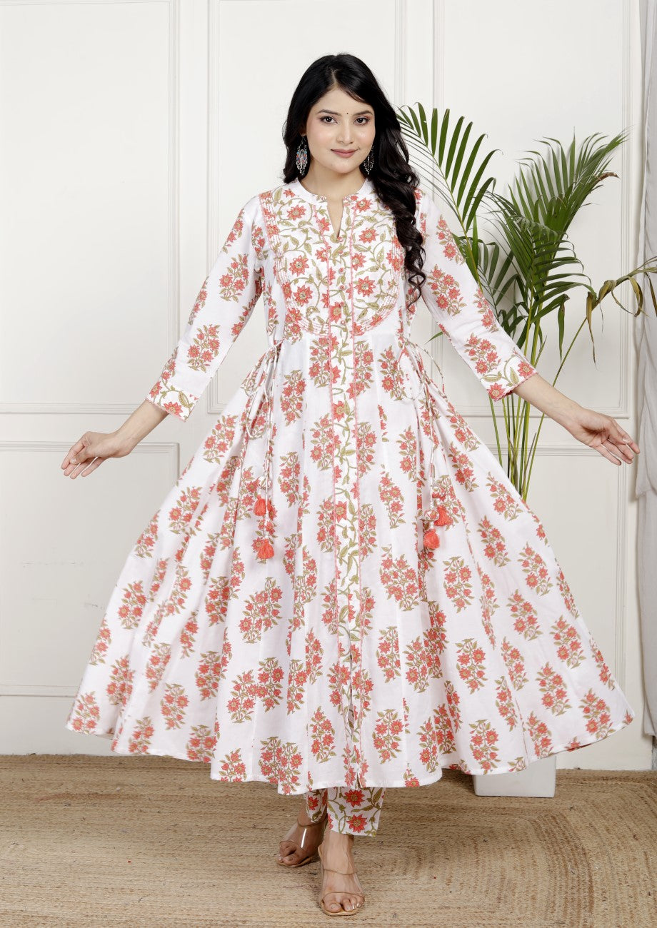 White Cotton Anarkali Kurta Pant Set with Dupatta-800140