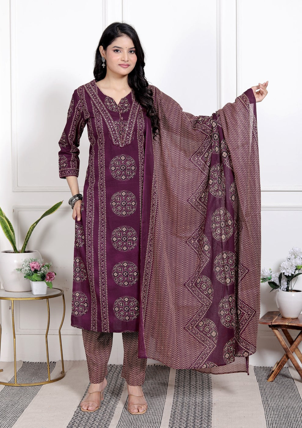 Purple Cotton Kurta Pant Set with Dupatta-800179