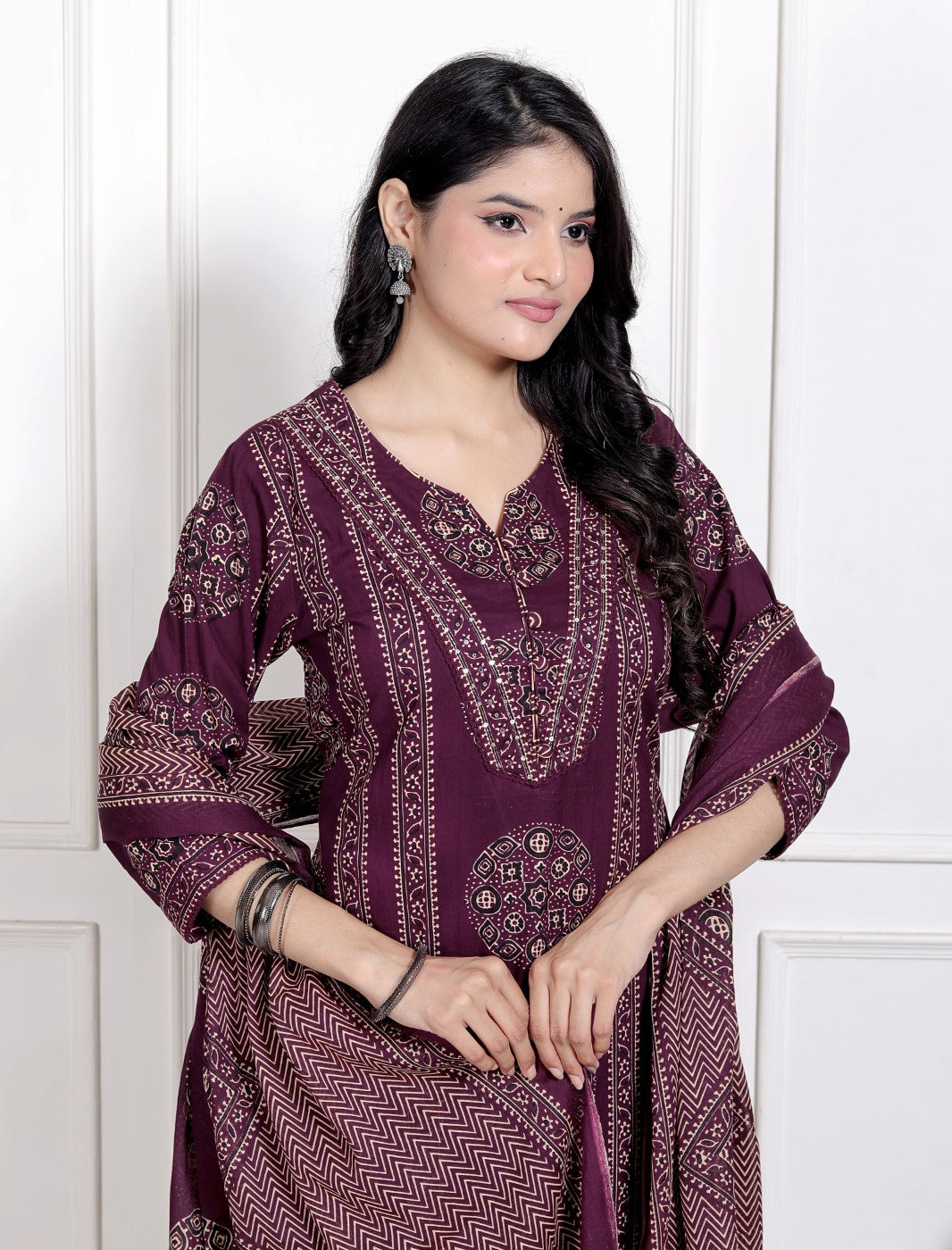 Purple Cotton Kurta Pant Set with Dupatta-800179