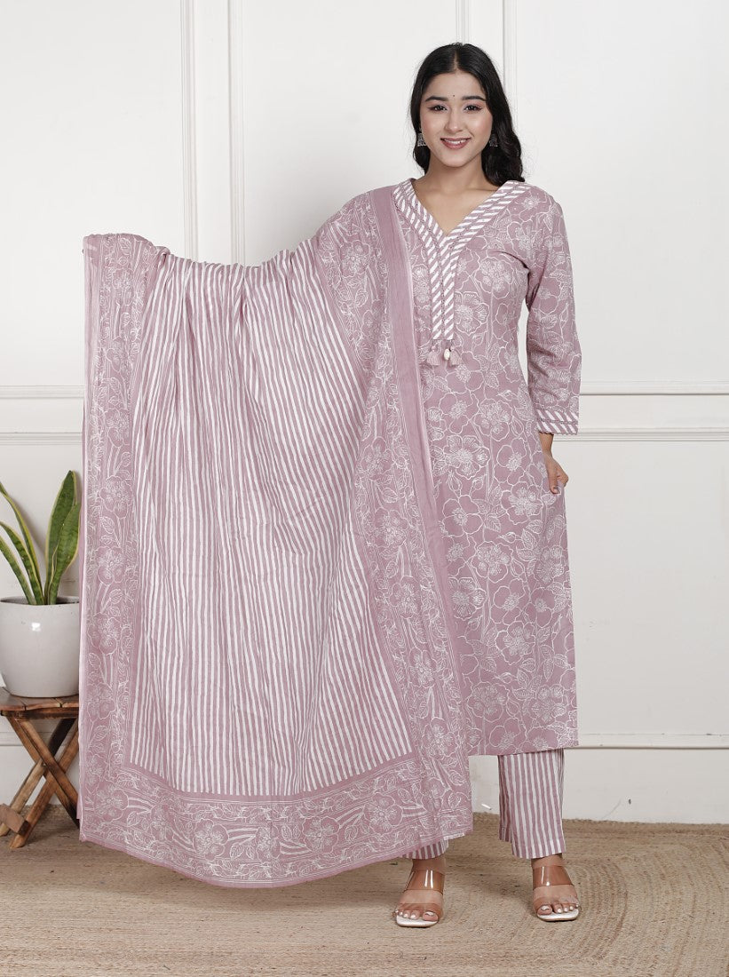 Pink Cotton Kurta Pant Set with Dupatta-800183