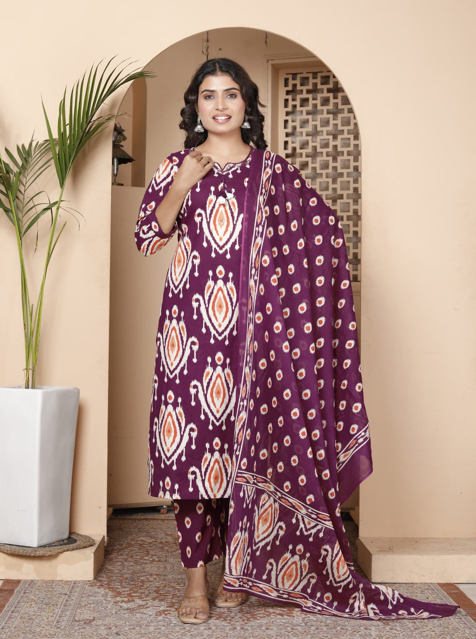 Purple Cotton Kurta Pant Set with Dupatta-800186