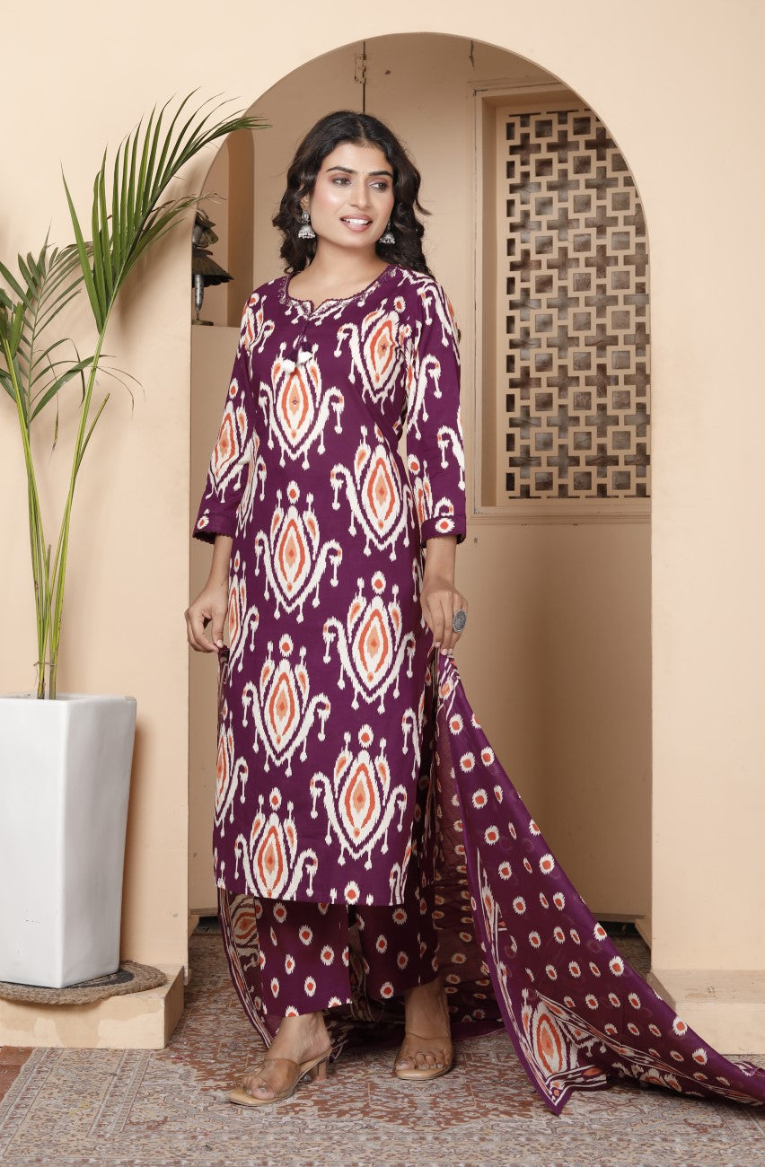 Purple Cotton Kurta Pant Set with Dupatta-800186