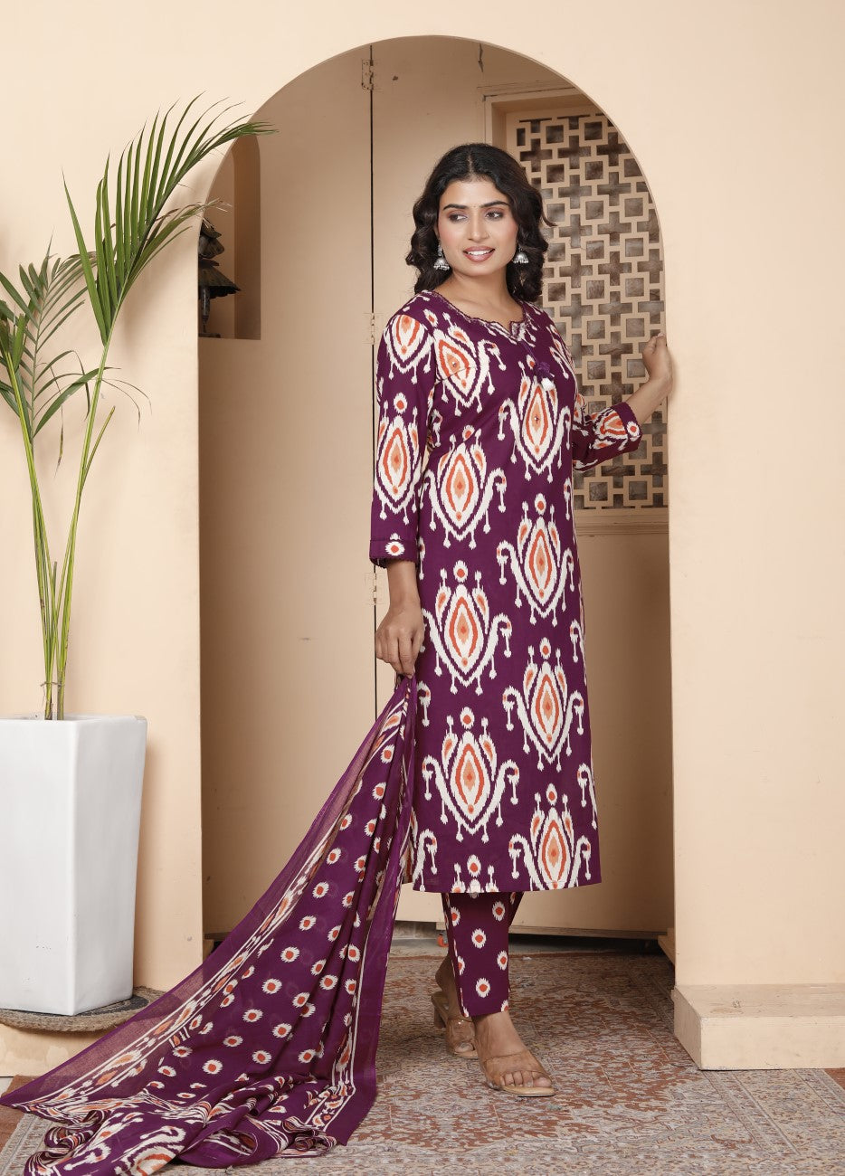 Purple Cotton Kurta Pant Set with Dupatta-800186