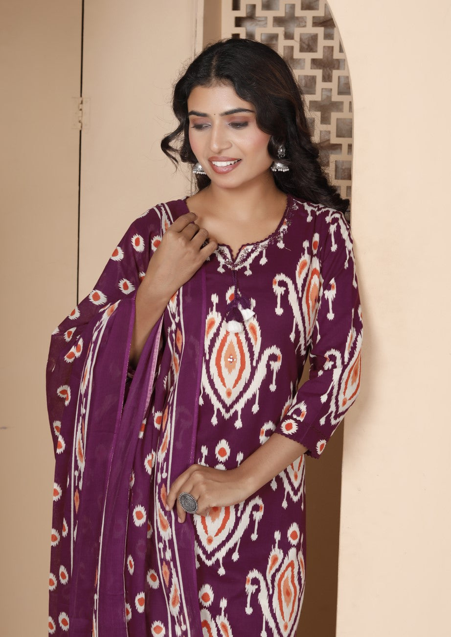 Purple Cotton Kurta Pant Set with Dupatta-800186