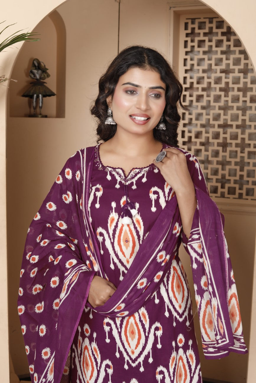 Purple Cotton Kurta Pant Set with Dupatta-800186