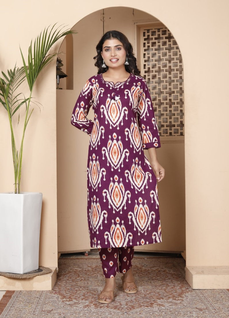 Purple Cotton Kurta Pant Set with Dupatta-800186