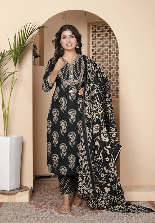 Black Cotton Kurta Pant Set with Dupatta-800187