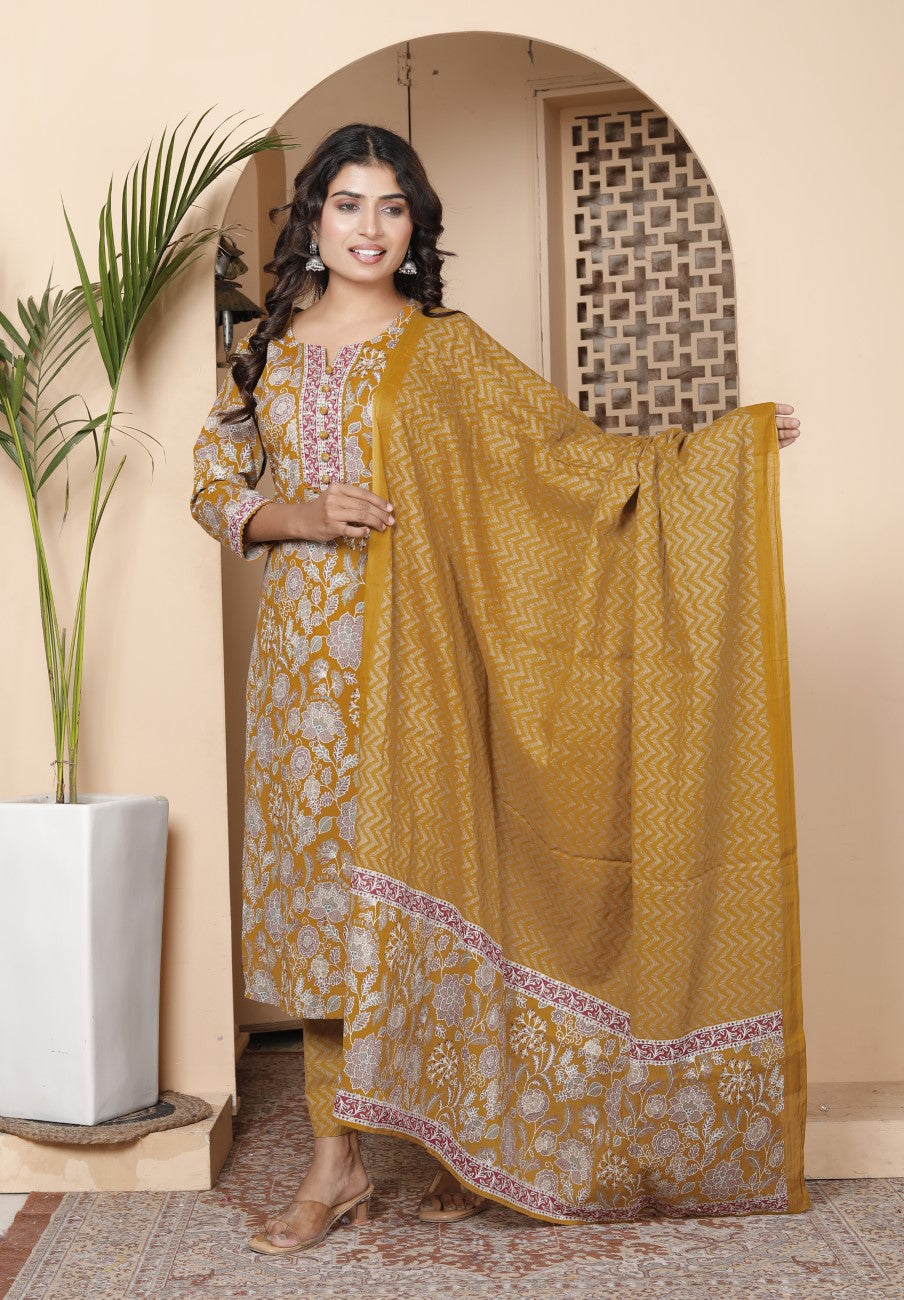 Yellow Cotton Kurta Pant Set with Dupatta-800188