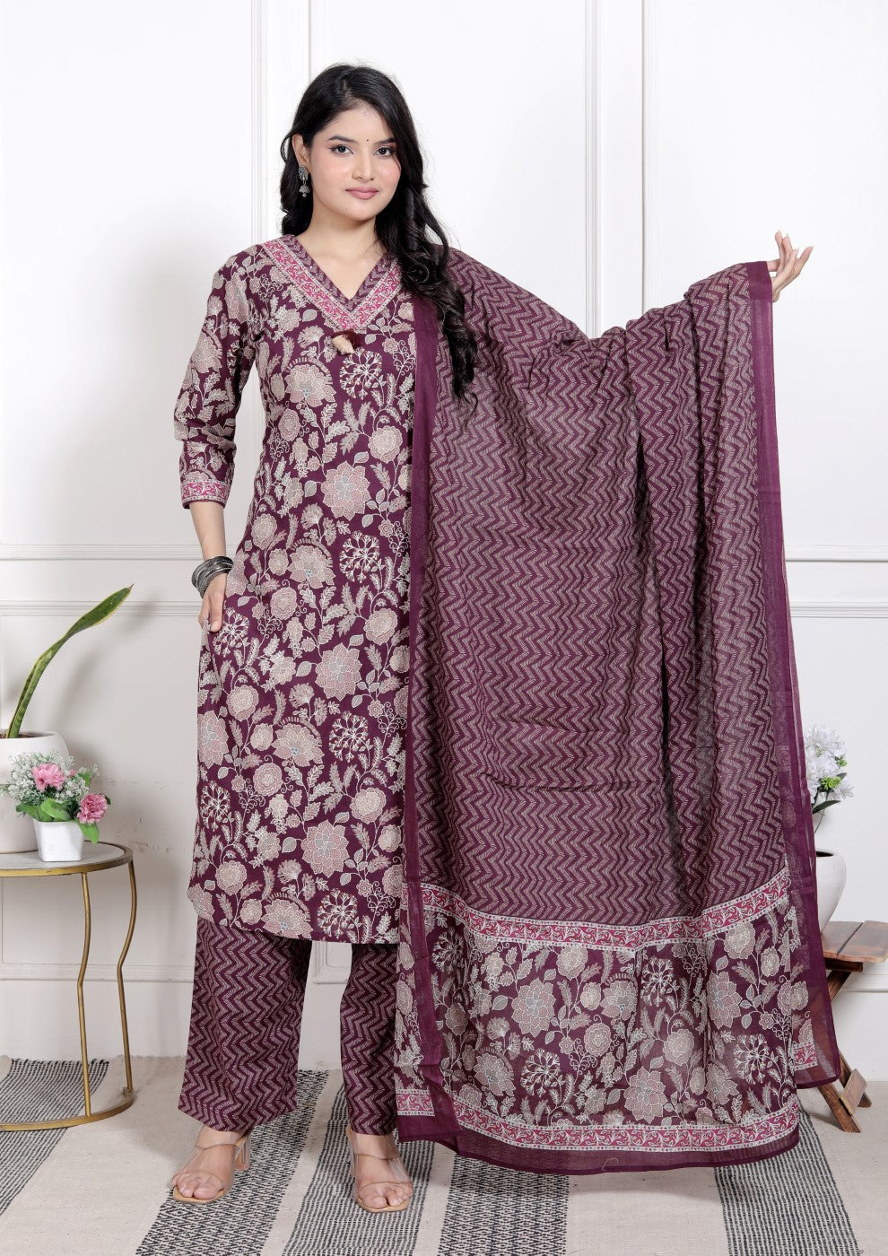 Purple Cotton Kurta Pant Set with Dupatta-800189