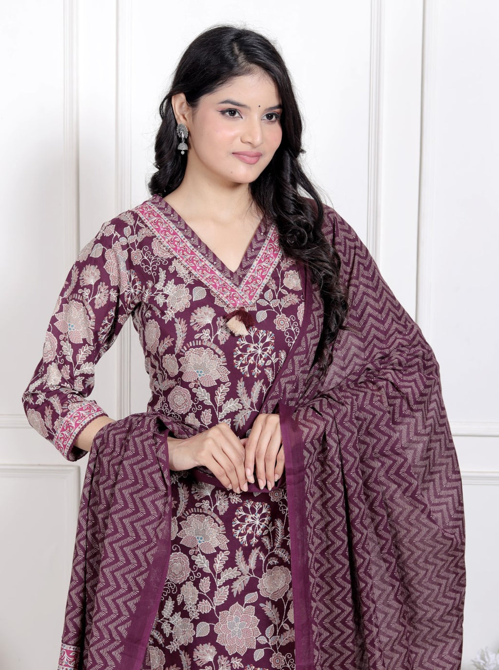 Purple Cotton Kurta Pant Set with Dupatta-800189