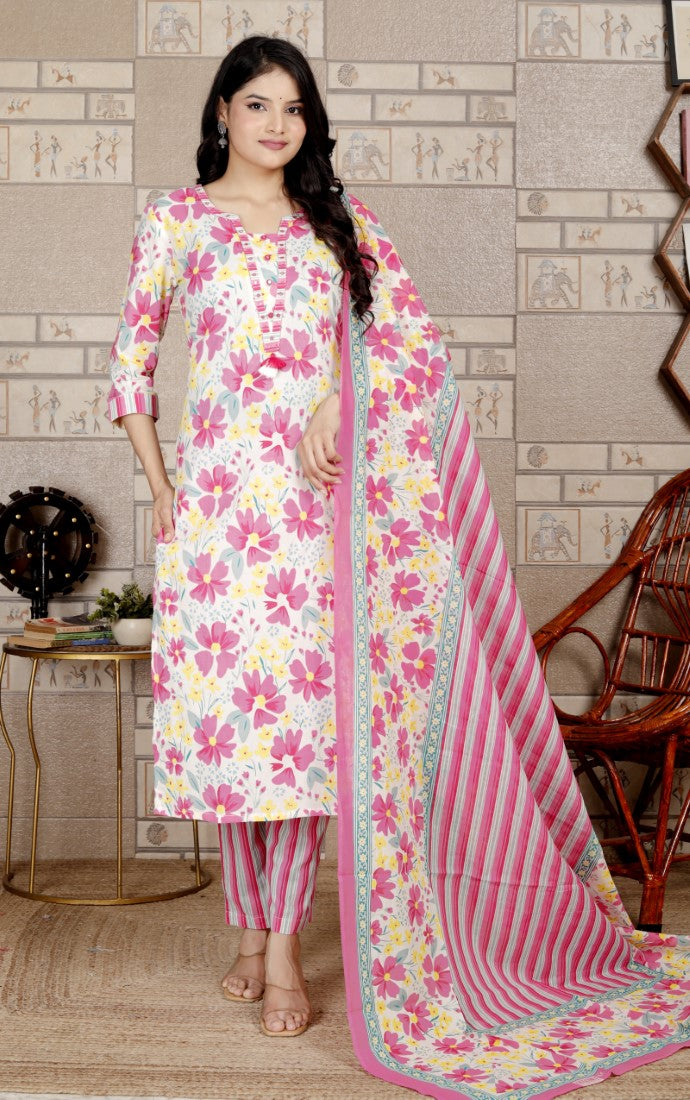 Pink Cotton Kurta Pant Set with Dupatta-800190