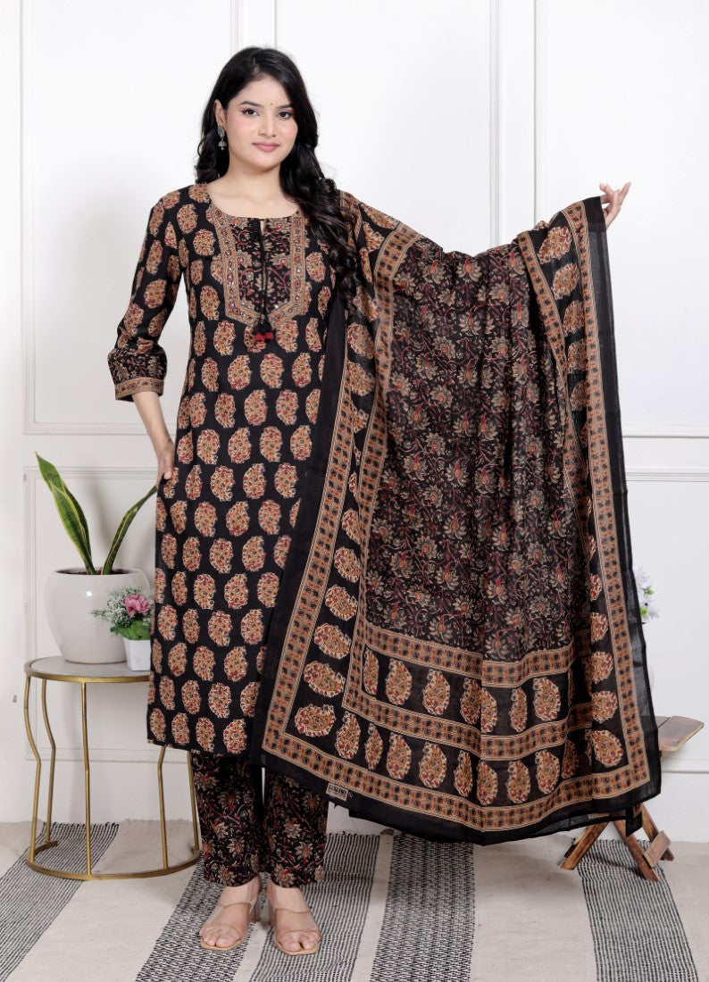 Black Cotton Kurta Pant Set with Dupatta-800191