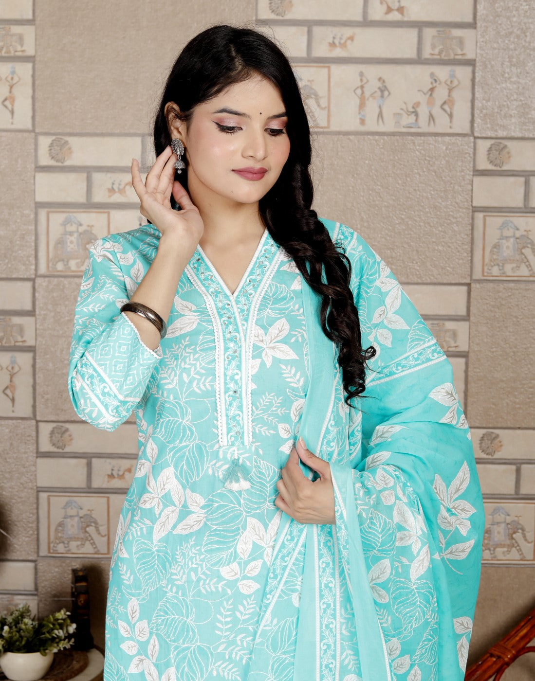 Sky Blue Cotton Kurta Pant Set with Dupatta-800192