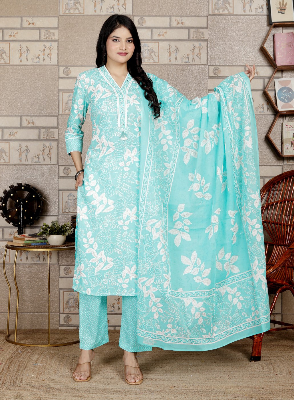 Sky Blue Cotton Kurta Pant Set with Dupatta-800192