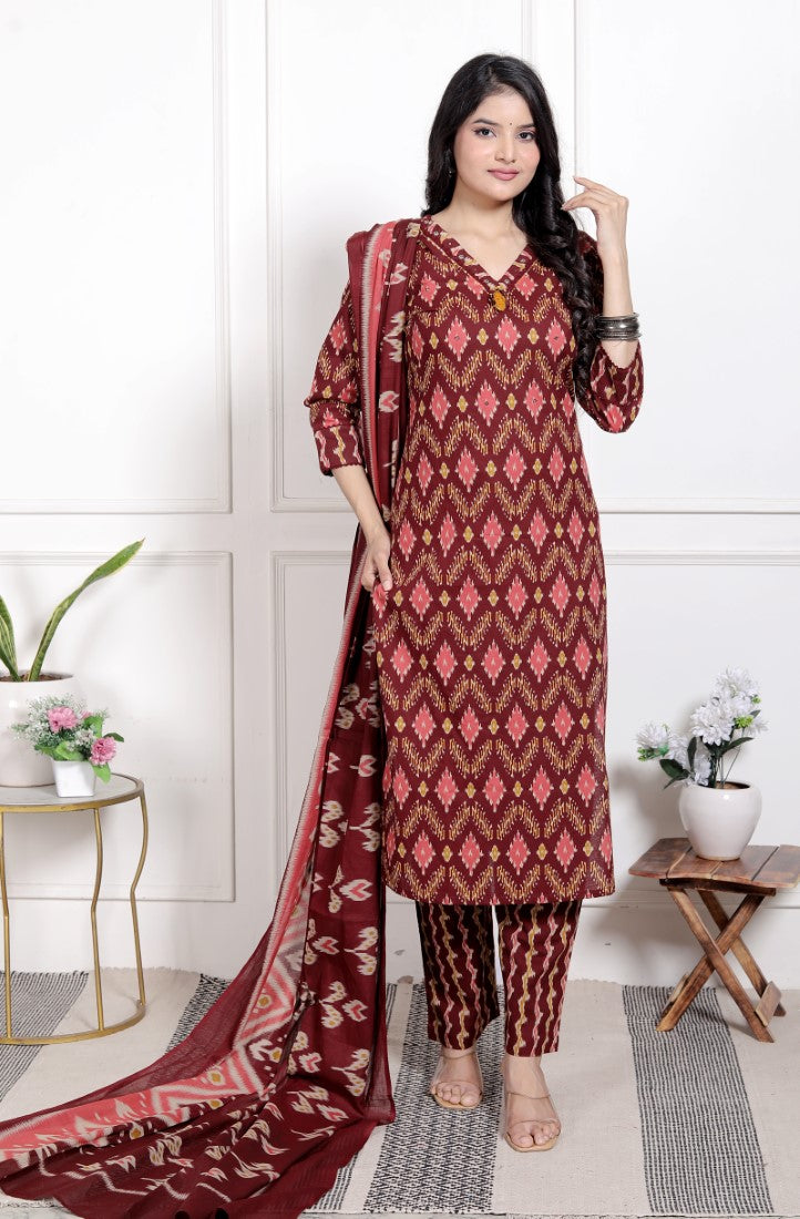 Maroon Cotton Kurta Pant Set with Dupatta-800193