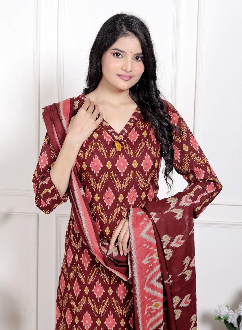Maroon Cotton Kurta Pant Set with Dupatta-800193