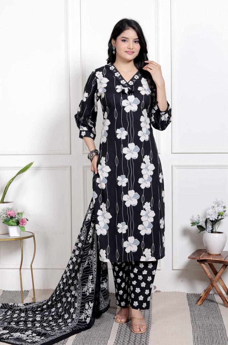 Black Cotton Kurta Pant Set with Dupatta-800194