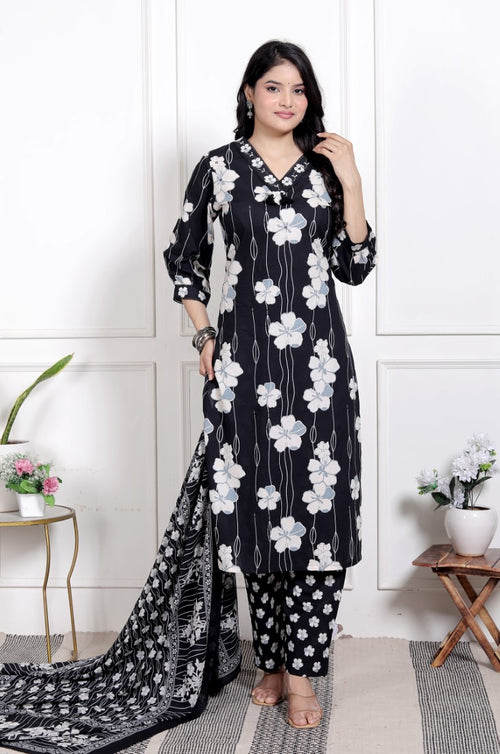 Black Cotton Kurta Pant Set with Dupatta-800194