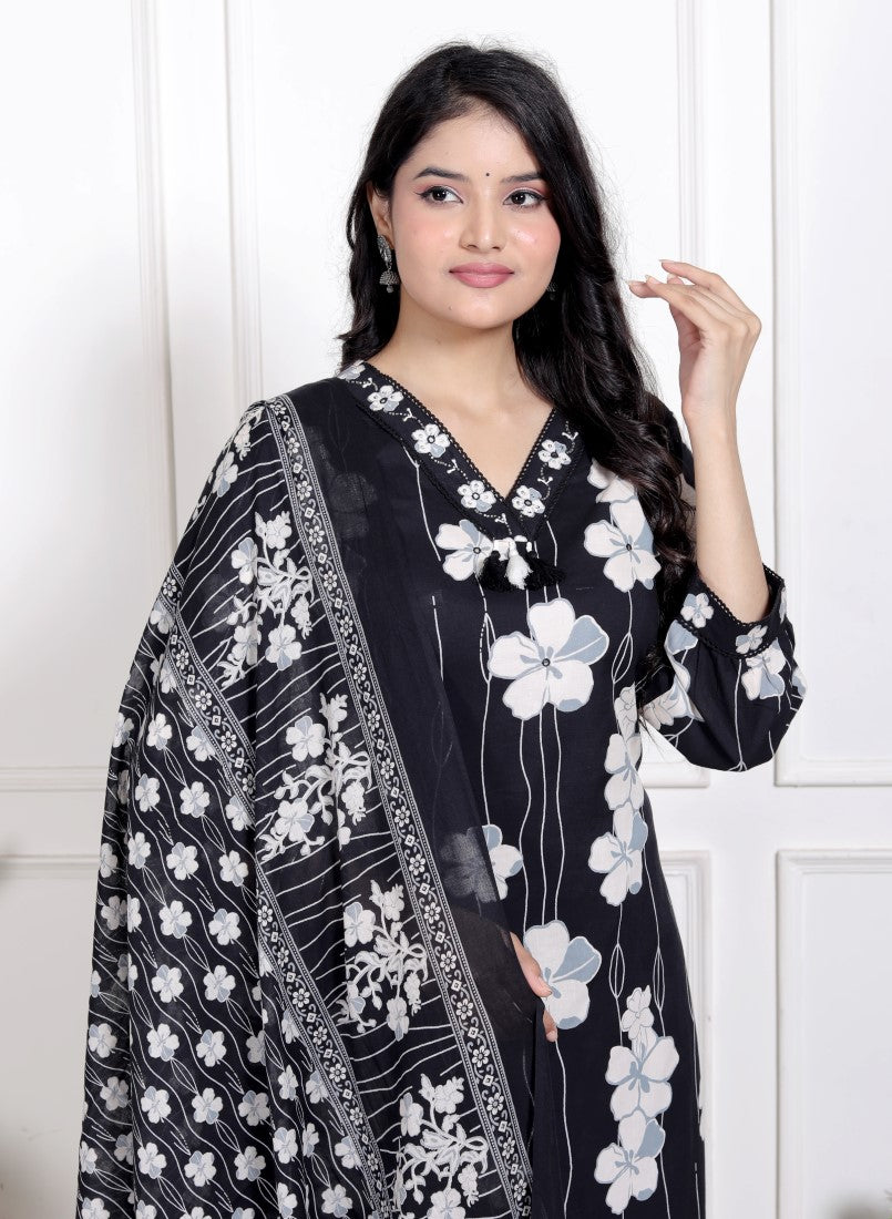 Black Cotton Kurta Pant Set with Dupatta-800194
