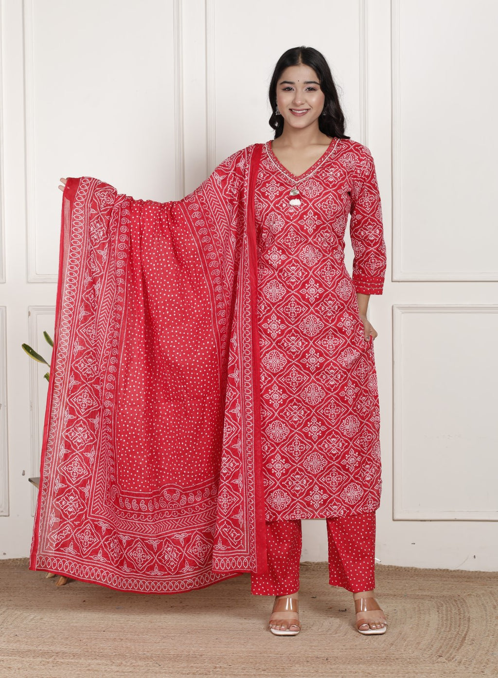 Red Cotton Kurta Pant Set with Dupatta-800199
