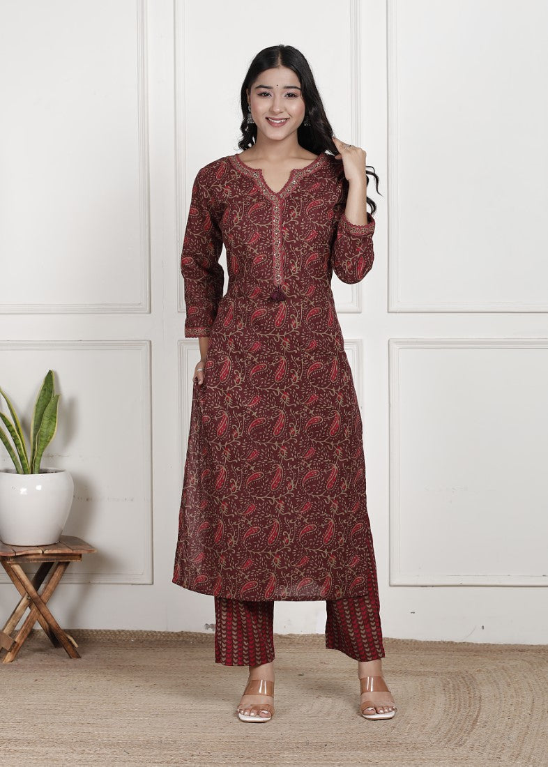Maroon Cotton Kurta Pant Set with Dupatta-800200