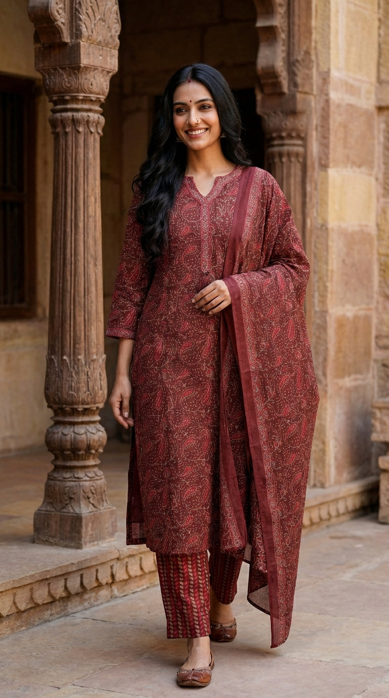Maroon Cotton Kurta Pant Set with Dupatta-800200