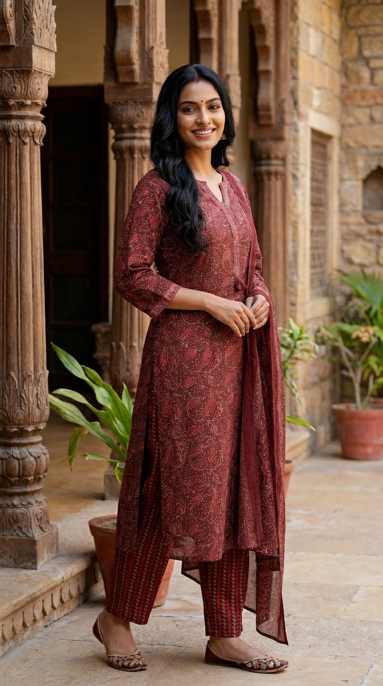 Maroon Cotton Kurta Pant Set with Dupatta-800200