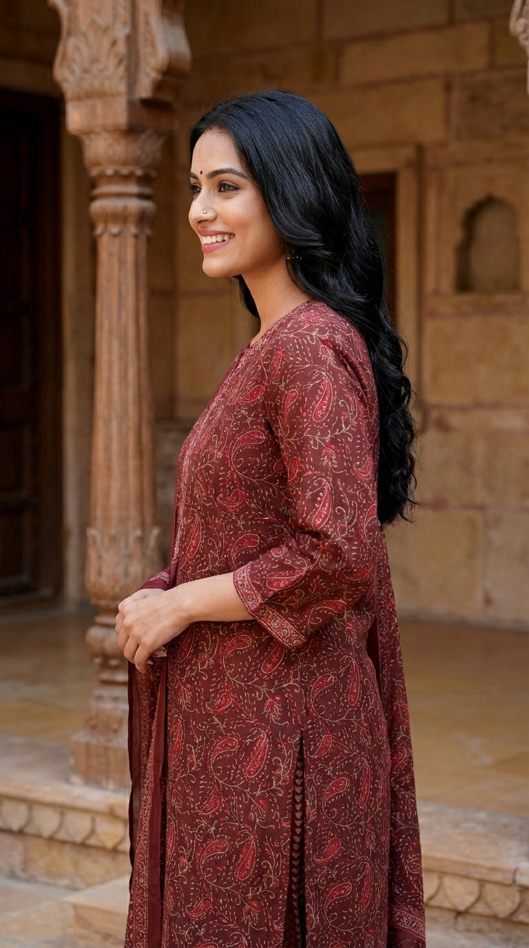 Maroon Cotton Kurta Pant Set with Dupatta-800200