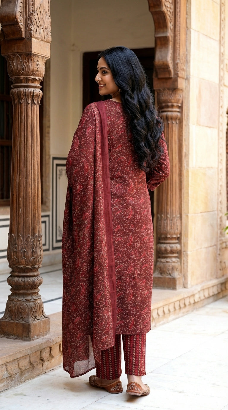 Maroon Cotton Kurta Pant Set with Dupatta-800200
