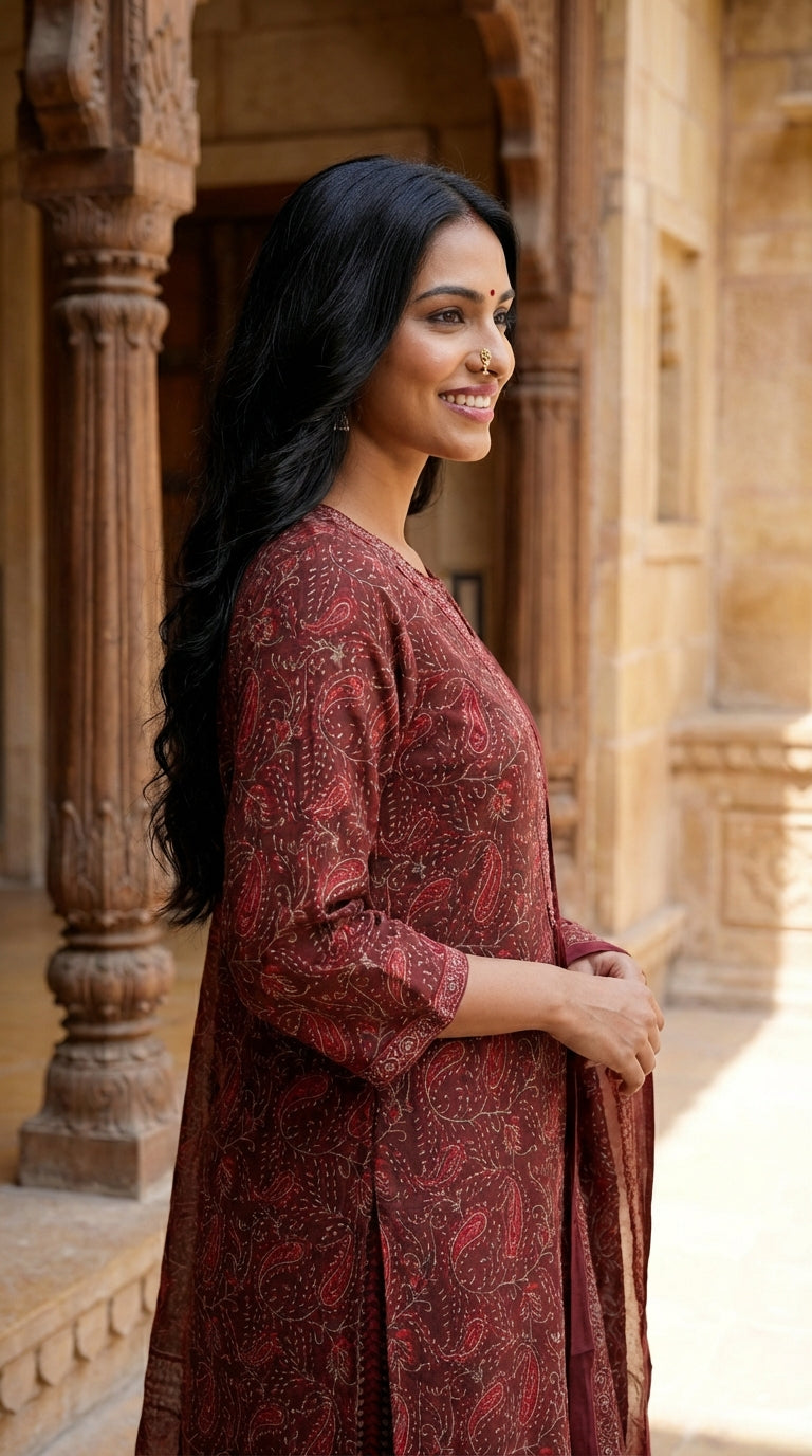 Maroon Cotton Kurta Pant Set with Dupatta-800200