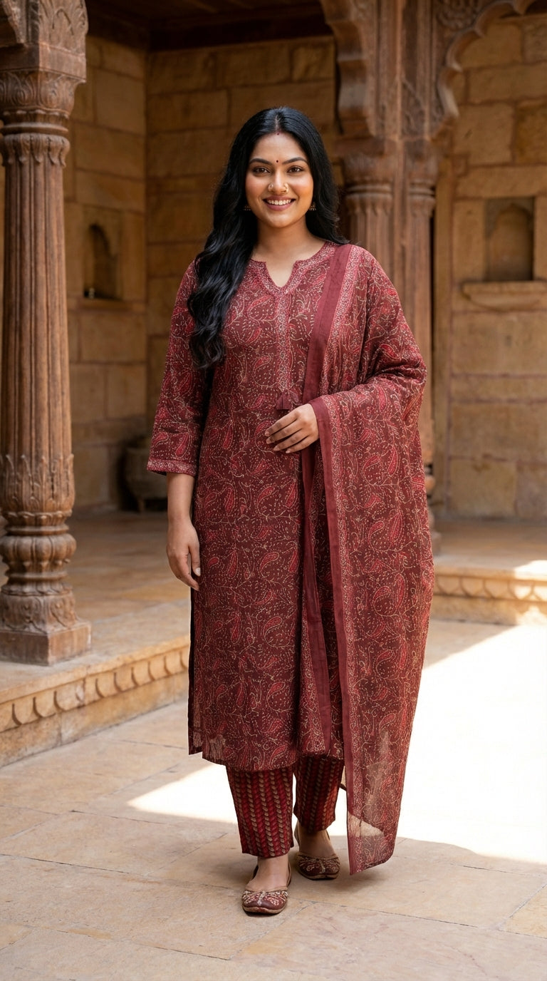Maroon Cotton Kurta Pant Set with Dupatta-800200