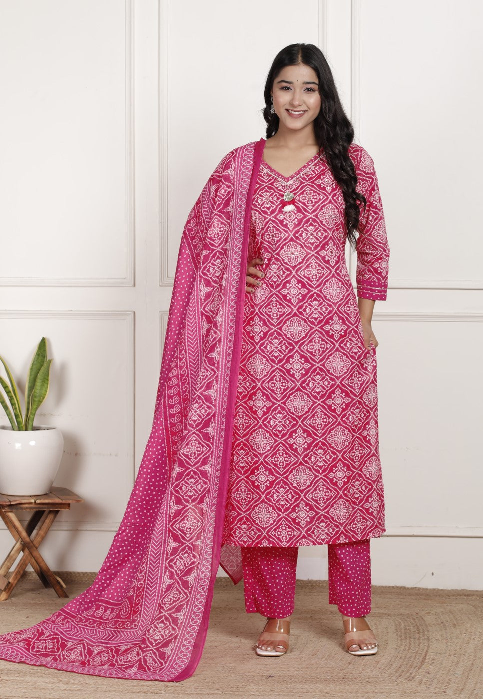 Pink Cotton Printed Kurta Pant Set with Dupatta-800201