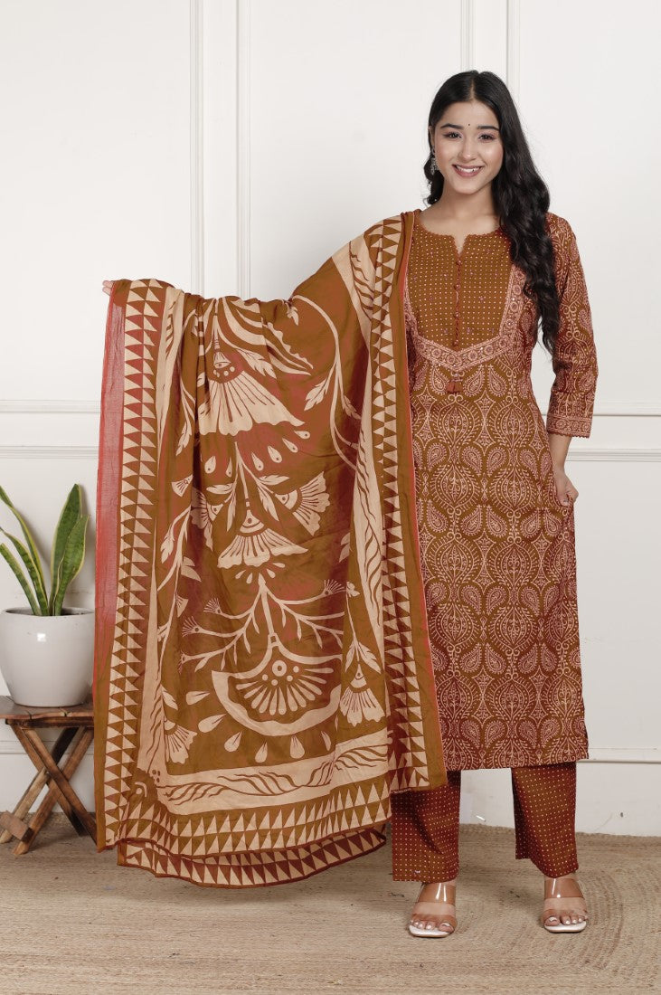 Rust Cotton Kurta Pant Set with Dupatta-800202