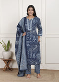 Blue Cotton Kurta Pant Set with Dupatta-800203