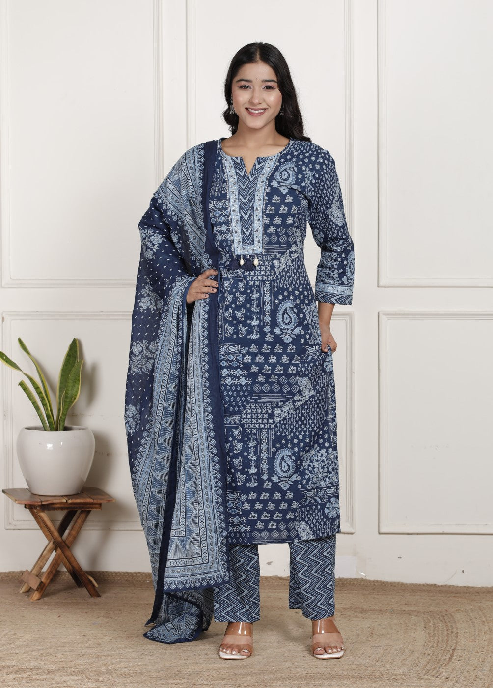 Blue Cotton Kurta Pant Set with Dupatta-800203