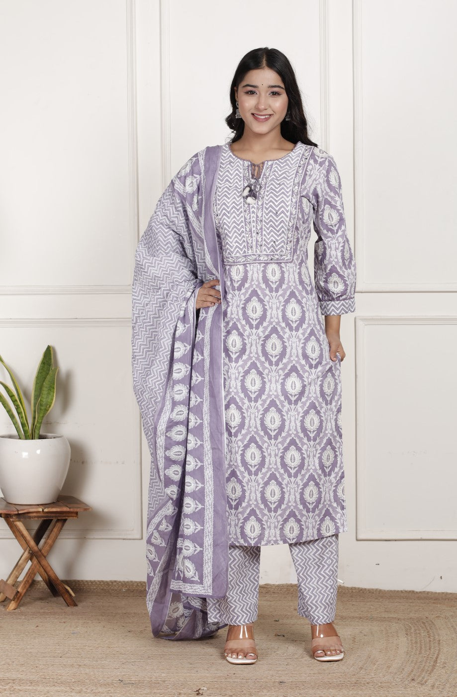 Purple Cotton Kurta Pant Set with Dupatta-800204