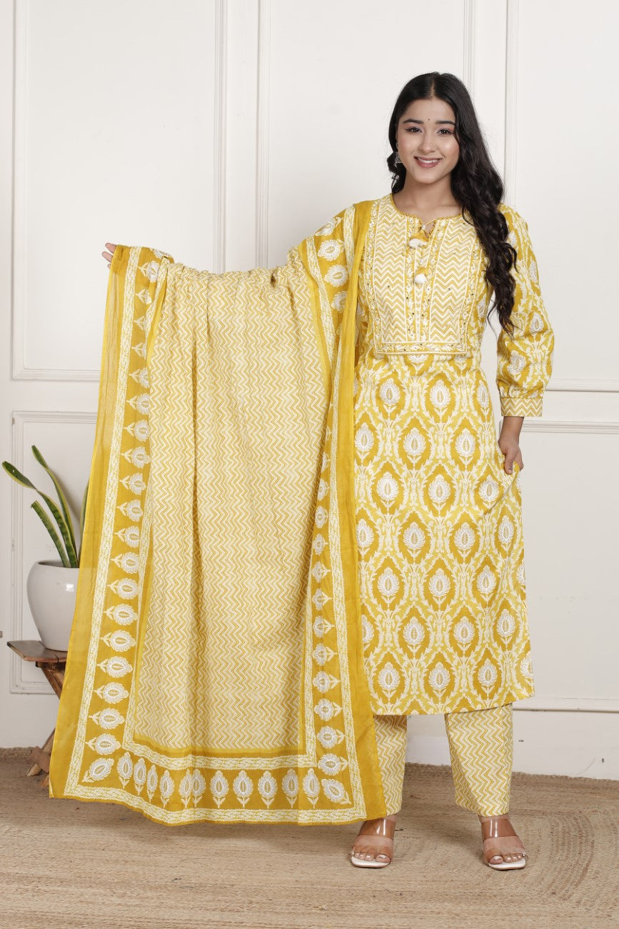 Yellow Cotton Kurta Pant Set with Dupatta-800205