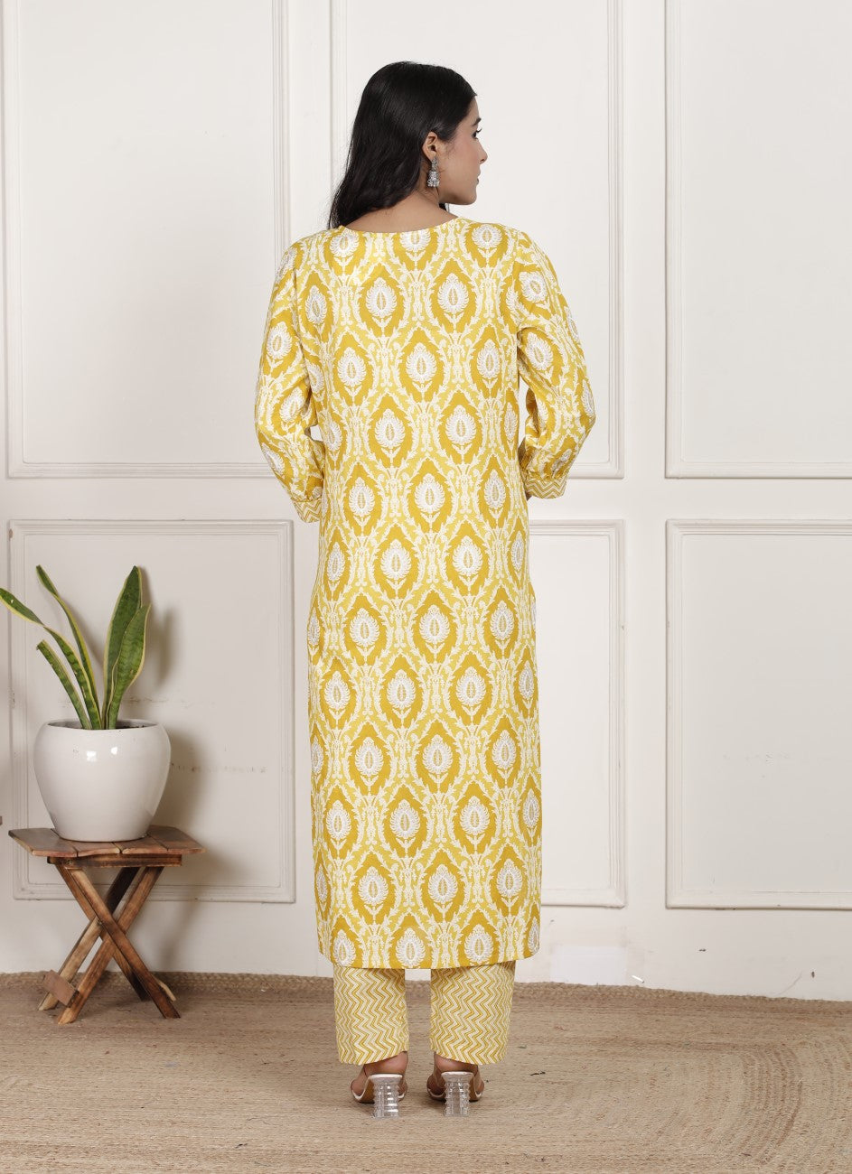 Yellow Cotton Kurta Pant Set with Dupatta-800205