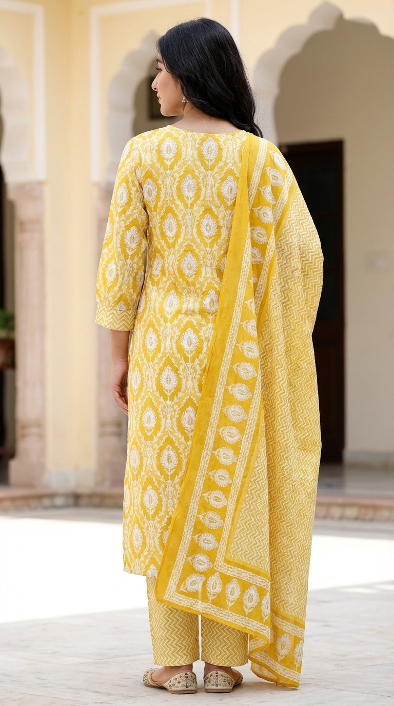 Yellow Cotton Kurta Pant Set with Dupatta-800205