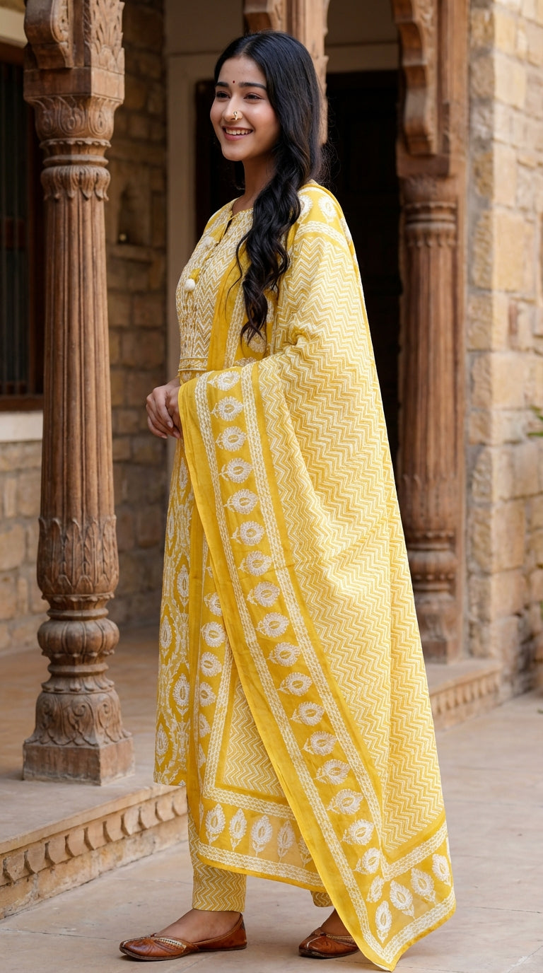 Yellow Cotton Kurta Pant Set with Dupatta-800205