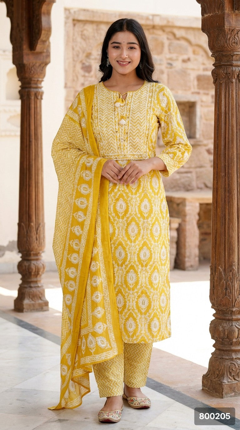 Yellow Cotton Kurta Pant Set with Dupatta-800205