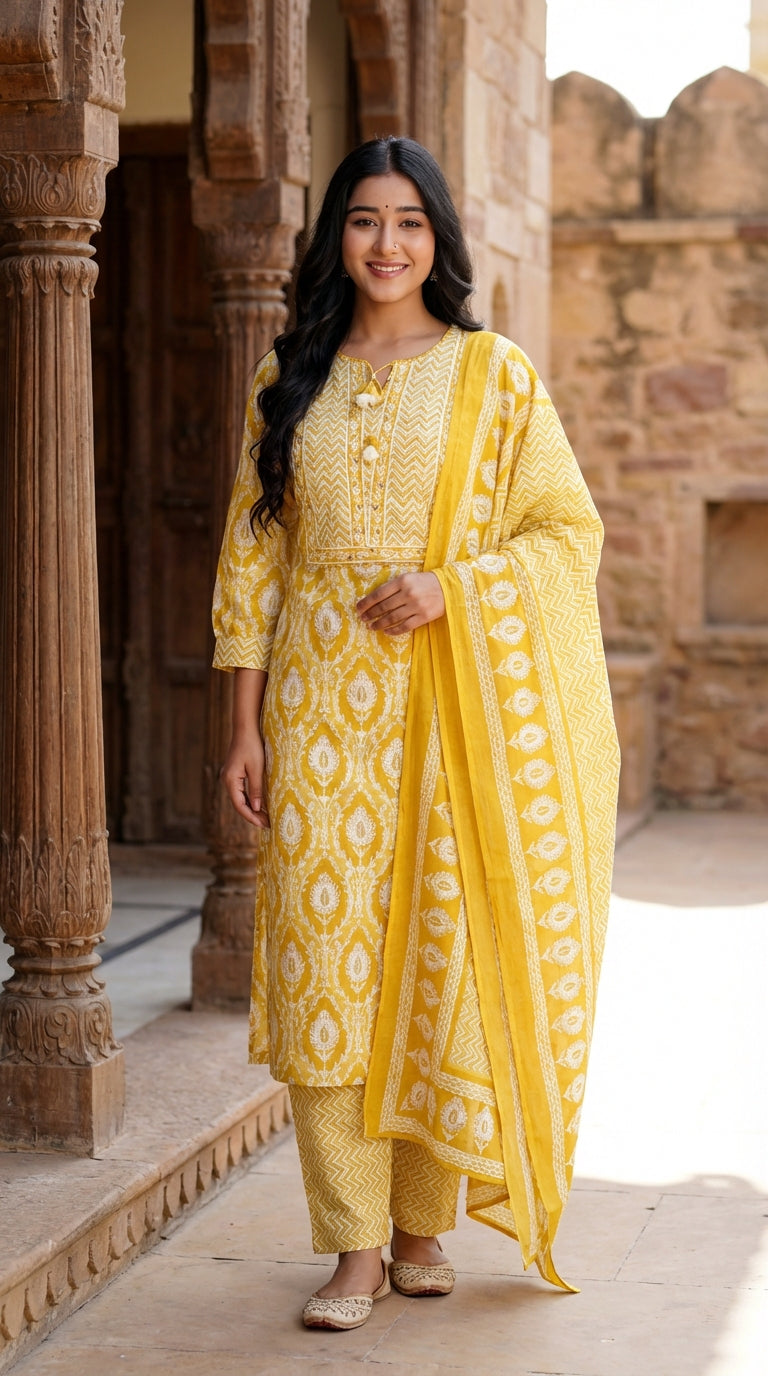 Yellow Cotton Kurta Pant Set with Dupatta-800205