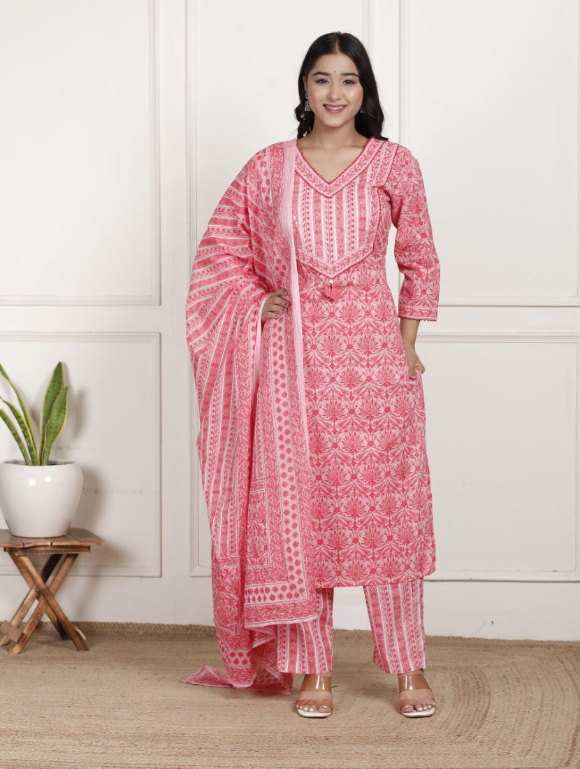 Peach Cotton Kurta Pant Set with Dupatta-800206