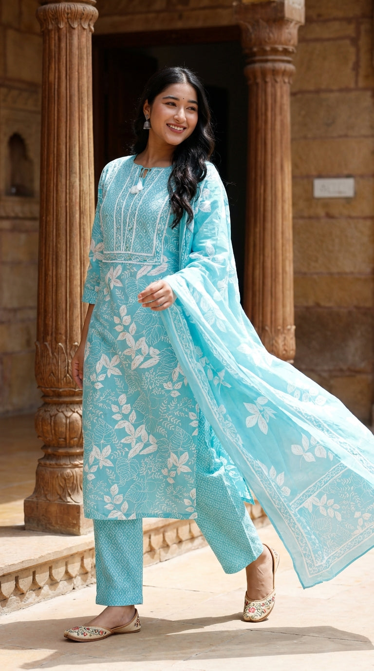 Sky Blue Cotton Kurta Pant Set with Dupatta-800209