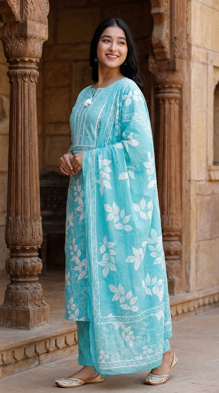 Sky Blue Cotton Kurta Pant Set with Dupatta-800209